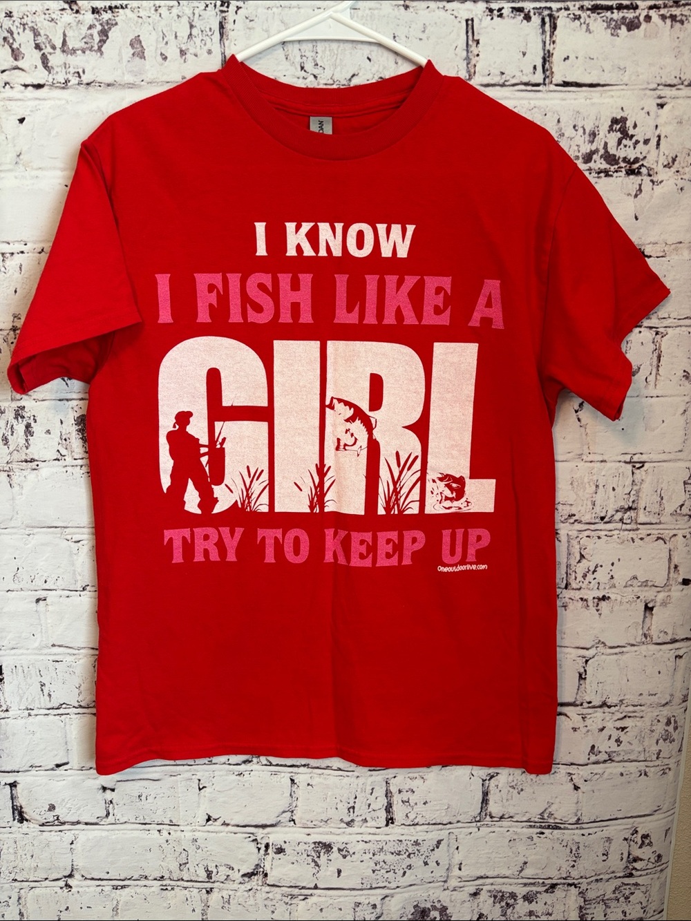 Gildan Red Graphic Tee with White & Pink Text